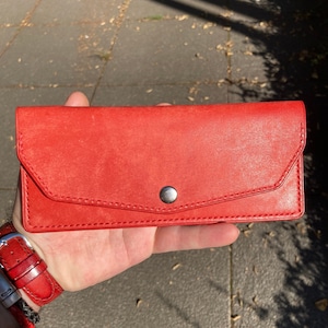 Portafogli in pelle rossa Portafoglio da donna sottile in pelle Portafoglio bifold carta di credito Portafoglio lungo minimalista borsa in pelle anniversario anniversario regalo fatto a mano