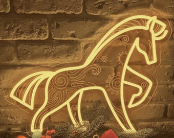 Lampada da parete Horse Spirit – Luce al neon etnica boho, lampada da parete o da tavolo con simbolo ucraino, decorazione artistica ricca di significato.