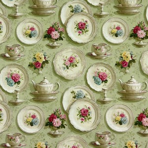 May include: A repeating pattern on a light green background featuring white porcelain teapots on saucers, floral plates with pink and blue roses, teacups on saucers, and small bouquets of pink, yellow, and blue flowers in decorative vases.