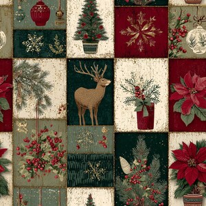 Puede incluir: Un patrón de tela de patchwork con bloques rectangulares que muestran imágenes navideñas, incluyendo un ciervo marrón, flores de pascua rojas, ramas de pino verdes, bayas rojas, copos de nieve dorados y árboles decorados sobre fondos crema, verde oscuro y rojo.
