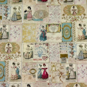 May include: A collage of vintage-style paper featuring illustrations of people in historical dresses, floral patterns, ornate gold frames, and handwritten script. The design includes various rectangular segments with soft pastel colours, intricate borders, and decorative motifs.