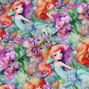 Mermaid Fabric Fantasy Floral Mermaid Print Fabric Cotton Cartoon Fabric Sewing Fabric Animation Fabric By the Half Yard