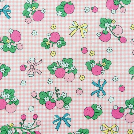Sweet Strawberry Fabric Cute Gingham Fabric Cotton Cartoon Fabric By the Half Yard