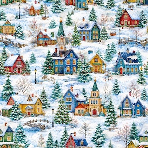 May include: A repeating fabric pattern featuring a winter village scene with snow-covered houses in red, blue, and yellow, evergreen trees, stone bridges, and a central church with a steeple, all set against a white, snowy landscape background.