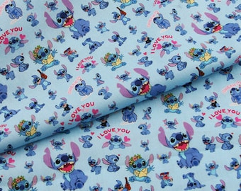 Stitch with Hearts Fabric Lilo and Stitch Fabric Disney Cotton Cartoon Fabric Sewing Fabric Animation Fabric By the Half Yard