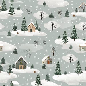 May include: A seamless pattern featuring a light sage green background with illustrations of snow-covered landscapes, small wooden cabins, evergreen pine trees, and bare winter branches, all accented by white falling snowflakes throughout.