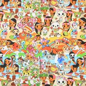 Tokidoki Fabric Summer Beach Surfing Donut Fabric Cotton Cartoon Fabric Sewing Fabric Animation Fabric By the Half Yard