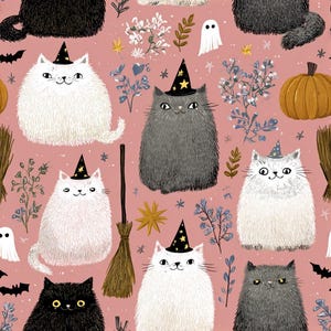 May include: A repeating pattern on a dusty pink background featuring fluffy white, gray, and black cats wearing black witch hats with yellow stars. The design includes orange pumpkins, brown broomsticks, small white ghosts, and black bats.