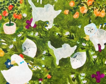 Watercolor Countryside Cat & Duck Cotton Fabric, Farmyard Creature Cartoon - By the Half Yard