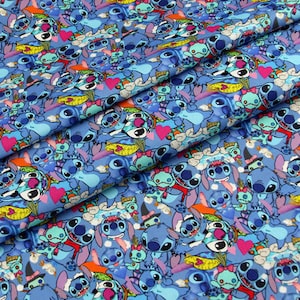Stitch with Hearts Fabric Lilo and Stitch Fabric Disney Cotton Cartoon Fabric Sewing Fabric Animation Fabric By the Half Yard