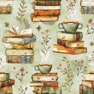 May include: A seamless pattern featuring stacks of books and steaming cups of tea or coffee on a light green background. The illustration includes delicate botanical sprigs, small flowers, and leaves interspersed between the book piles.