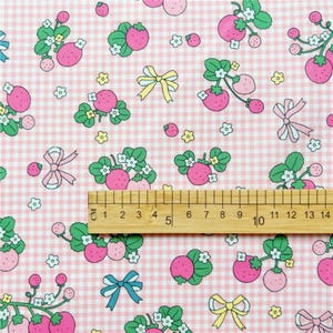 Peut inclure: Tissu vichy rose avec un motif r&eacute;p&eacute;t&eacute; de fraises, de feuilles vertes et de n&oelig;uds jaunes, roses et bleus. Une r&egrave;gle en bois indique les mesures en centim&egrave;tres.