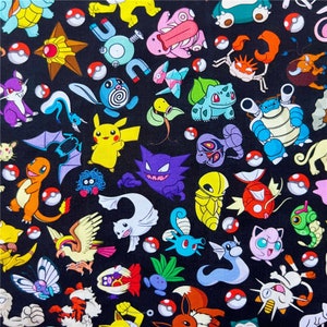 May include: A black background with a variety of colorful cartoon characters, including a yellow Pikachu, a purple Gengar, a green Bulbasaur, and a red Charmander. The characters are all in different poses and are surrounded by red and white Pokeballs.