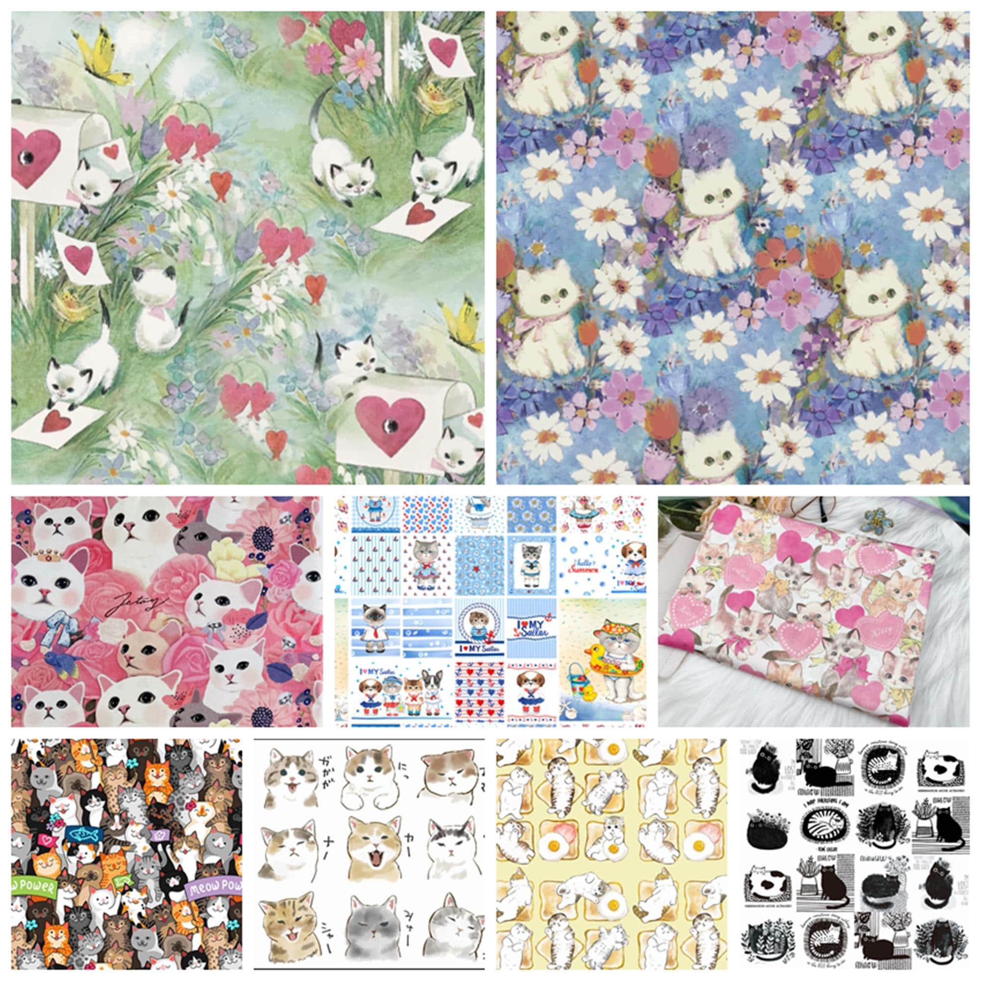 Cat Themed Fabric Kawaii Cat Print Fabric 100% Cotton Cartoon Fabric Sewing Fabric By the Half Yard