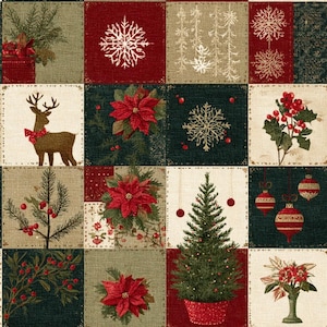 May include: A fabric featuring a patchwork grid of holiday-themed squares. Designs include a brown deer with a red bow, red poinsettias, a green Christmas tree in a red pot, holly berries, snowflakes, and hanging red and gold ornaments on a dark background.