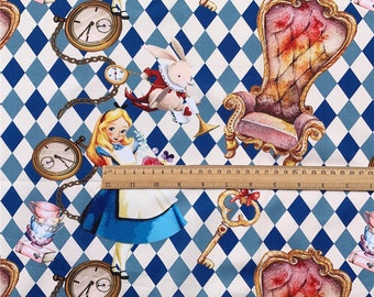 Alice in Wonderland Fabric Mad Hatter Fabric Cotton Cartoon Fabric Animation Fabric By the Half Yard