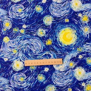 Tessuto di cotone con stampa di Van Gogh "Notte stellata", tessuto di cotone con cartoni animati, tessuto a mezzo metro