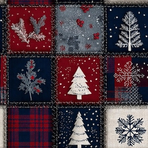 Puede incluir: Un diseño de tela de patchwork con una cuadrícula de cuadrados con motivos navideños. Los cuadrados muestran ramas de pino blancas, bayas rojas, árboles de Navidad y copos de nieve sobre fondos de color rojo sólido, azul marino y cuadros.