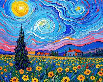 Starry Night Van Gogh Fabric 28" × 28" panel 100% Cotton Cartoon Fabric Panel