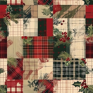May include: A fabric pattern featuring a patchwork design of alternating squares. The squares display various plaid and grid motifs in shades of red, dark green, and cream. Sprigs of green pine needles and clusters of red holly berries are overlaid.