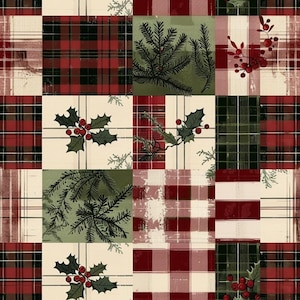 Könnte beinhalten: Ein Patchwork-Stoffmuster mit abwechselnden Quadraten aus rot-schwarzem Schottenkaro, cremefarbenem und rotem Schottenkaro sowie cremefarbenen Hintergründen, die mit Illustrationen von grünen Tannenzweigen, Stechpalmenblättern und roten Beeren verziert sind.
