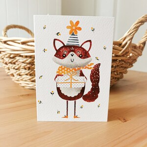 Geburtstagskarte A6 (gefaltet) "Fuchs mit Geschenk" Klappkarte mit Umschlag, Aquarell, Glückwunsch, Geburtstag, Kindergeburtstag
