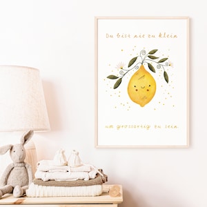 Zitrone Illustration, Aquarell Kunstdruck, A5 & 5x7 Zoll, Print, Kinderzimmer, Affirmation, Du bist nie zu klein um großartig zu sein
