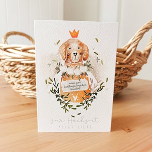 Hochzeitskarte, A6 (gefaltet), Meine Lieblingsmenschen heiraten, Klappkarte mit Umschlag, Aquarell, Glückwunsch, Hund, Braut und Bräutigam