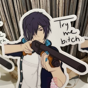 ¡Obedéceme! Pegatina de Belphegor/Belphie con escopeta de demonio: troquelada, holográfica, con purpurina