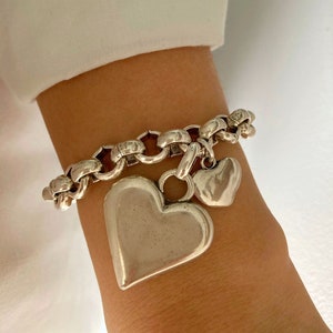 Chunky Silver Bracelet, Wide Rolo Clasp Bracelet, Silver Love Bracelet, birthday gift, Silver Heart Bracelet