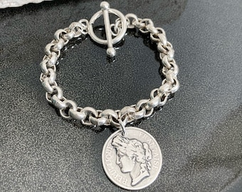 Antique Chunky Silver Bracelet, Large  Bracelet, Silver Coin Bracelet, Silver Charm Bracelet, Birthday gift, Gift for her