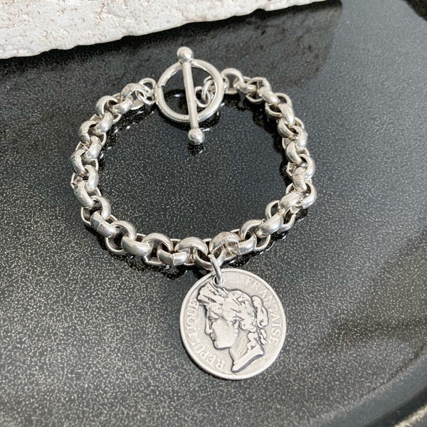 Antique Silver bracelet, Silver Chunky  Bracelet, Large  Bracelet, Silver Coin Bracelet, Silver Charm Bracelet, Birthday gift, Gift for her