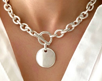 Silberne große schwere Kette Münze Medaille Halskette, Silber Statement Halskette, Silber Charm Toggle Halskette, Geschenk für Sie