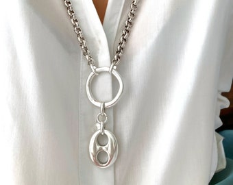 Antique Silver Pendant Charm necklace, Boho Massive Long Necklace, Statement Silver chunky Necklace, Bold necklace, Gift for her