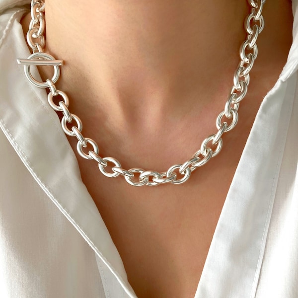 Zilveren ketting met grove schakels, statementketting van zilver, ketting met sluiting, cadeau voor haar