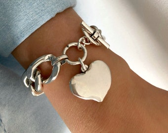 Silver Large Lightweight Chunky bracelet, Aluminum chain bracelet, Silver Love bracelet, womens gift, Heart bracelet