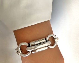 Antique Silver Lightweight Chunky Link Bracelet, Handmade Bold Bracelet, Gift for her, Womens gift