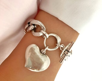 Antique Silver Vintage Heavy Bracelet, Chain Curb chunky bold Statement bracelet, Charm Heart Love Toggle bracelet, Gift for her