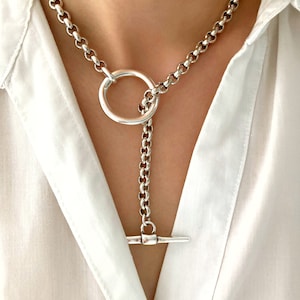 Antik silverhalsband med massiv kedja, personligt halsband i silver med grovt mönster, silverlariat, present till kvinnor