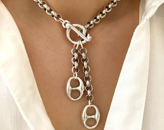 Antik Silber Chunky Kette Toggle Statement Halskette, Charm Personalisierte Boho Halskette, Geschenk für Sie