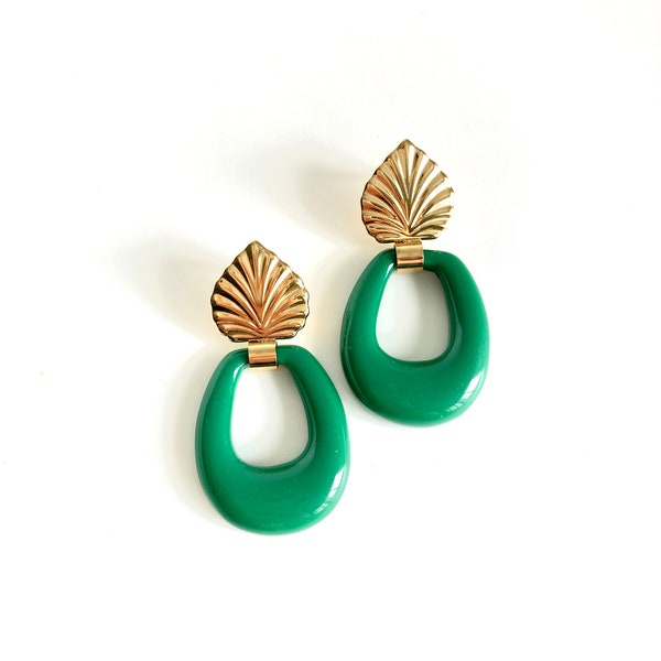 Gold Earrings, Statement Green earrings, Stainless Steel Earrings, Gift for her, birthday gift for her, Elegant earrings