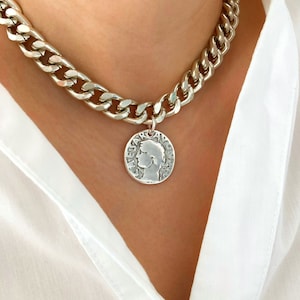 Antique Silver Chunky Statement Chain Choker Charm Curb Necklace, Medal Coin necklace, Gift for her, Birthday gift for her