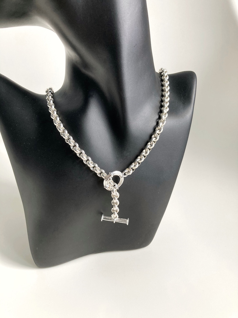 Silver Necklace, Chunky Rolo Chain Necklace, Silver Toggle Clasp Necklace, Lariat necklace, T necklace, Gift for her image 4