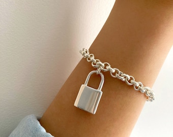 Silver bracelet, Silver charm Bracelet, Statement Bracelet, Silver Luxury Bracelet, Padlock bracelet, Womens jewelry , Gift for her