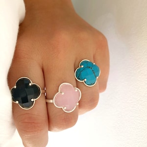 Sterling Silver Gemstone Ring, Adjustable Silver Ring, Silver 925 Ring, Clover Ring, Ring for her, Turquoise Ring
