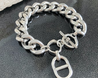 Antique Silver Heavy Charm Chain Curb Bracelet, Statement chunky bracelet, Link Bold Big Large bracelet, Gift for her