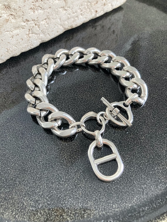 Antique Silver Heavy Charm Chain Curb Bracelet, Statement
