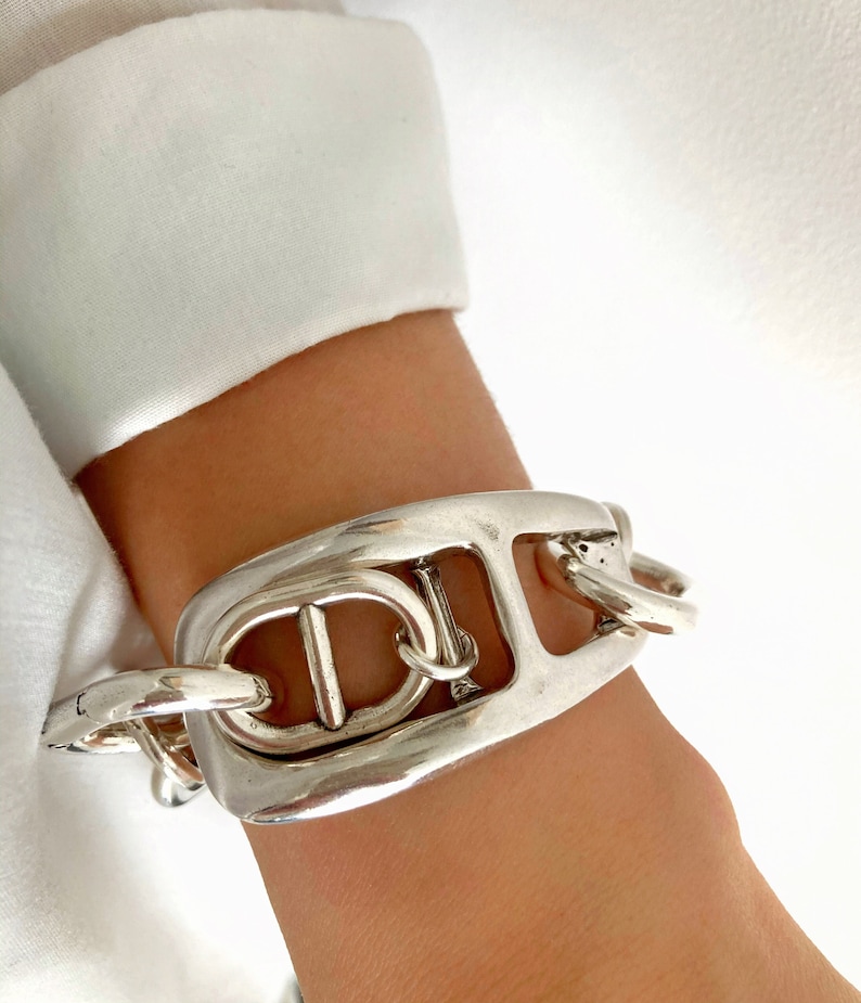 Antique Silver Chunky Personalized bracelet, Silver Wrap Statement Brutalist Bracelet, Link Bracelet, Silver Bold Bracelet, Gift for her image 1