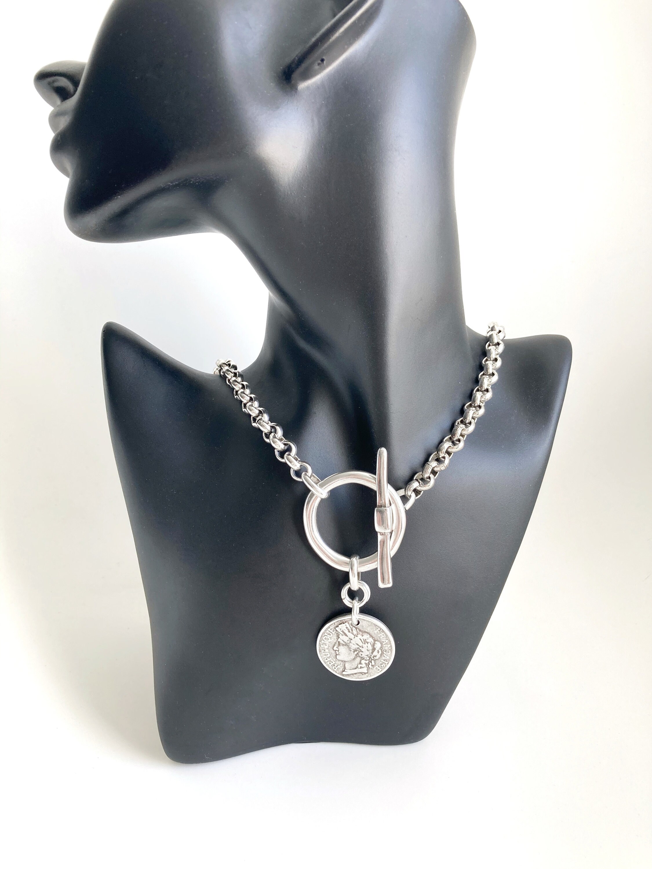 Antique Silver Pendant Coin Long Chain Necklace, Silver Antique Silver Pendant Coin Long Chain Necklace, Silver