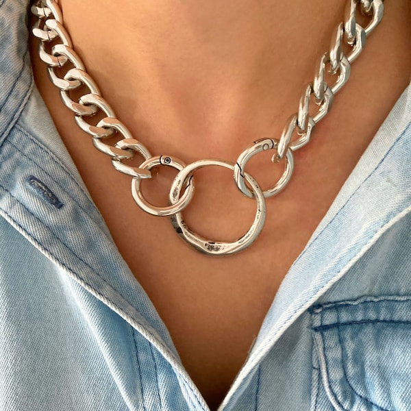 Silver Lightweight Chain Chunky Necklace, Silver curb chain,Antique silver necklace, Chunky chain necklace,Birthday gift for women